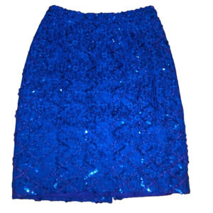 Vtg Royal Blue Lace & Sequin Wavy Design Pencil Skirt 29” Waist 23” Length